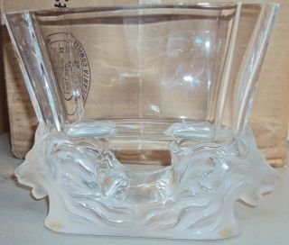 Lalique France Vintage Venise Double Lion Head Vase Frosted Crystal Octagon Rim