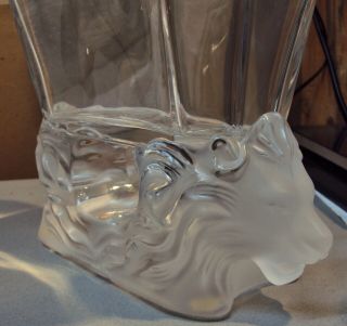 Lalique France Vintage Venise Double Lion Head Vase Frosted Crystal Octagon Rim 8