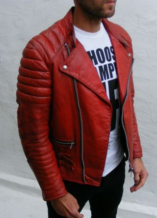 vintage red leather biker cafe racer jacket mens 38 small medium beatup punk 2