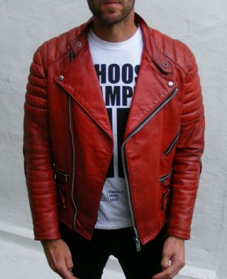 vintage red leather biker cafe racer jacket mens 38 small medium beatup punk 5