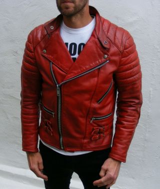 vintage red leather biker cafe racer jacket mens 38 small medium beatup punk 6