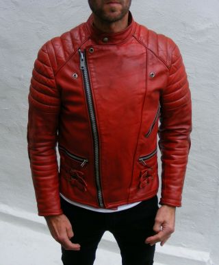 vintage red leather biker cafe racer jacket mens 38 small medium beatup punk 7