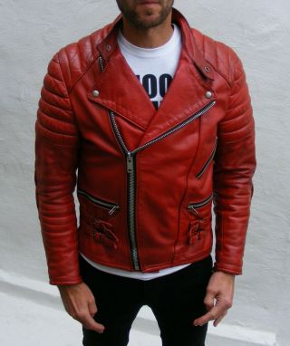 vintage red leather biker cafe racer jacket mens 38 small medium beatup punk 8