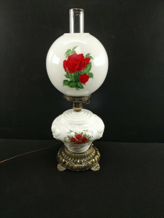 Vintage Gone With The Wind Lamp Hand Painted Red Roses Milk Glass Electric Nr