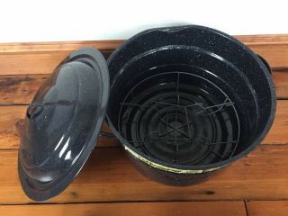 Vtg Huge Home Canner Preserver Black Speckled Enamelware Water Bath Pot Jar Rack