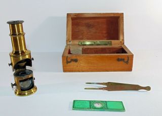 Antique Vintage Brass Scientific Pocket Travel Microscope Stunning Wooden Box