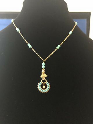 Vintage Persian Turquoise unusual Drop Necklace pure 18k Gold (750 stamp) Nouveau 2