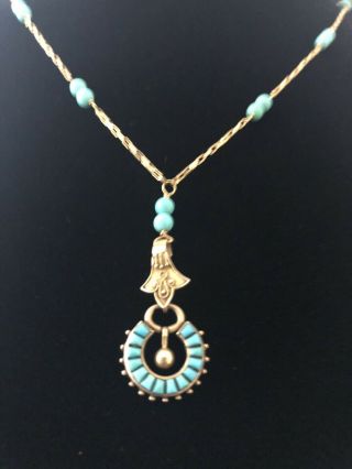 Vintage Persian Turquoise unusual Drop Necklace pure 18k Gold (750 stamp) Nouveau 4