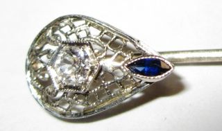 Antique Art Deco 18k White Gold 10pt Mine Cut Diamond Sapphire Stick Pin