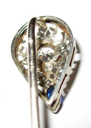 ANTIQUE ART DECO 18K WHITE GOLD 10pt Mine Cut DIAMOND Sapphire STICK PIN 4