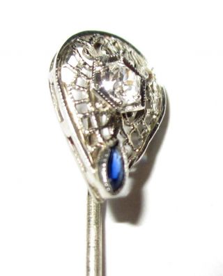 ANTIQUE ART DECO 18K WHITE GOLD 10pt Mine Cut DIAMOND Sapphire STICK PIN 5