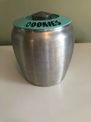 Vintage Kromex Spun Aluminum Cookie Jar Canister Aqua Turquoise Lid