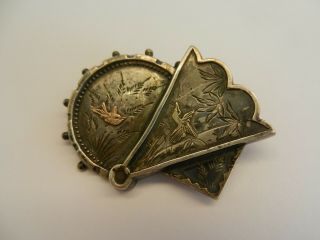 Antique 19th C Japanese Mixed Metal Brooch Pin,  Silver,  Gold Copper.  Shakudo.