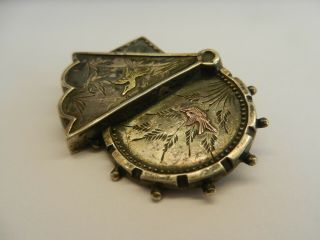 Antique 19th C Japanese Mixed Metal Brooch Pin,  Silver,  Gold Copper.  Shakudo. 4