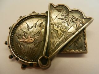 Antique 19th C Japanese Mixed Metal Brooch Pin,  Silver,  Gold Copper.  Shakudo. 8