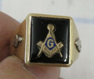 Vintage Solid 10k Gold Black Onyx Freemasons Masonic Symbol Ring Size 9.  5