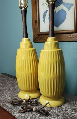 Vintage 1960s Table Lamps Yellow Ceramic Two (2) Mcm