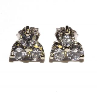 14k White Gold.  97ct Si2 F 3 Stone Round Stud Diamond Earrings 1.  2g Vintage