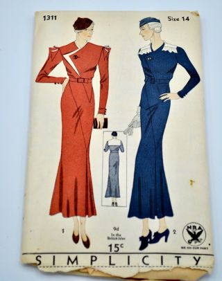 Vintage Simplicity Sewing Pattern 1311 One Piece Dress 1930s 1940s Size 14