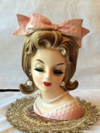 Stunning & Rare Young Lady 7 1/2 in Head Vase with Earnings,  Necklace,  Huge Bow 10