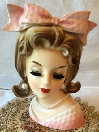 Stunning & Rare Young Lady 7 1/2 In Head Vase With Earnings,  Necklace,  Huge Bow
