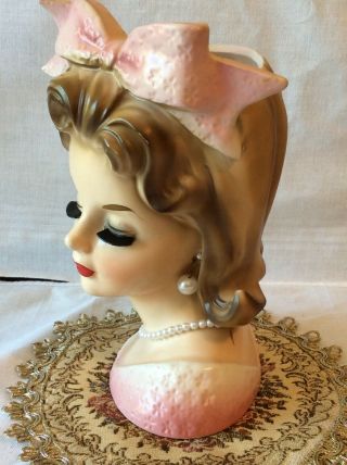 Stunning & Rare Young Lady 7 1/2 in Head Vase with Earnings,  Necklace,  Huge Bow 2