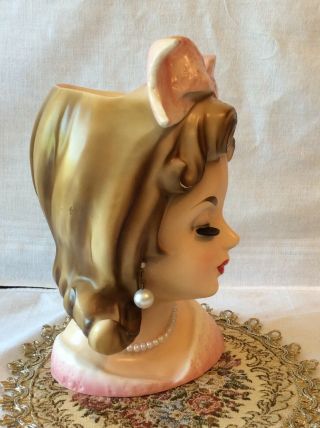 Stunning & Rare Young Lady 7 1/2 in Head Vase with Earnings,  Necklace,  Huge Bow 3