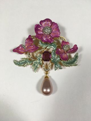 Signed Joan Rivers Purple Enamel Rhinestone Flower Brooch Pin Pearl Pink Rare