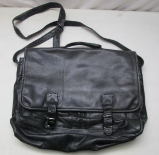 Vintage Black Leather Messenger Bag Briefcase Laptop Shoulder Strap Carry On