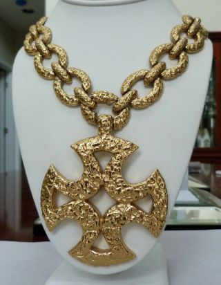 Vintage Signed Monet Modernist Brutalist Huge Cross Pendant Chain Necklace