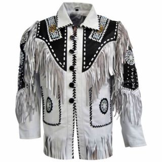 Vipzi Mens Native American Indian Suede Leather Jacket Bead Bone & Fringe Work