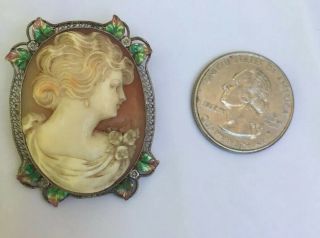 14k White Gold Antique Victorian Edwardian Enamel Cameo Brooch Pin Pendant