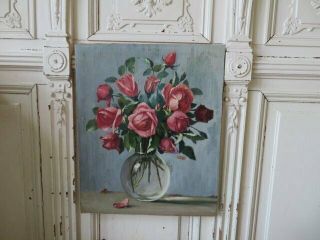 Gorgeous Old Vintage Rose Oil Painting Pink Roses In Vase On Canvas
