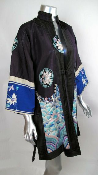 20 ' s VINTAGE 100 Auth Blue Multi Color Embroidered Floral Chinese Kimono Jacket 2