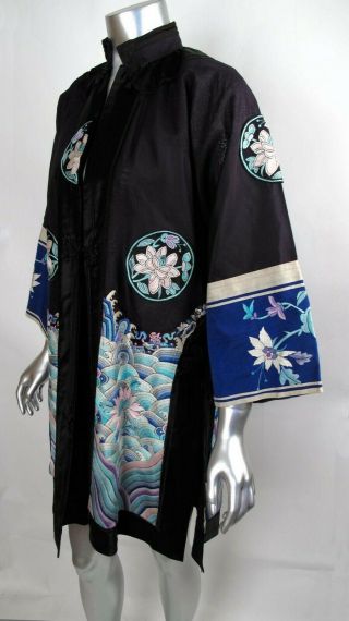 20 ' s VINTAGE 100 Auth Blue Multi Color Embroidered Floral Chinese Kimono Jacket 4