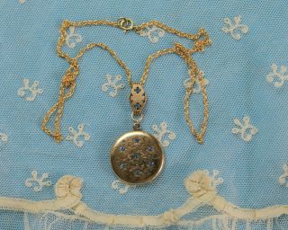 Antique Victorian Art Deco Locket Necklace Crystal Rhinestones Pendant 1900’s