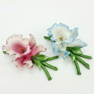 Vintage Capodimonte Porcelain Iris Set Blue & Pink Flower w/ Stem Figurine Italy 2