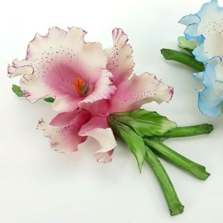 Vintage Capodimonte Porcelain Iris Set Blue & Pink Flower w/ Stem Figurine Italy 3