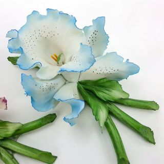 Vintage Capodimonte Porcelain Iris Set Blue & Pink Flower w/ Stem Figurine Italy 4