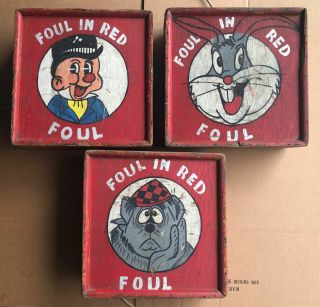 Vintage Carnival Wooden Box Game - - Set Of 3 " Foul In Red " 14 " X 14 " X 5 "