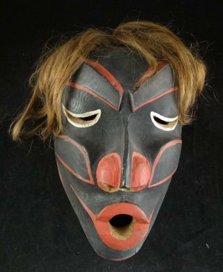 Vintage Northwest Coast Carved & Painted Wood Mask W/real Hair.  20th C.  10x6 ½”