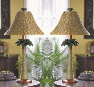 Set Of 2 Tropical Vintage - Look Rattan Style Palm Tree Table Lamps
