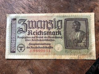 Wwii Nazi German Money 20 Reichsmark Banknote Bill Swastika Embossed.