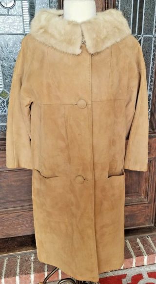 Mink Collar Long Winter Coat Vintage 60s Brown Tan Real Suede Long Jacket Large