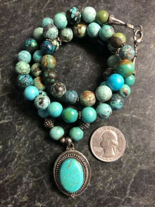 Vintage 24 " Sterling Silver Turquoise Necklace W/ Turquoise Locket Pendant 925