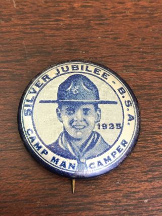 VINTAGE BOY SCOUTS OF AMERICA Pin Back 1935 SILVER JUBILEE Button Celluloid 2