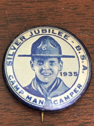 VINTAGE BOY SCOUTS OF AMERICA Pin Back 1935 SILVER JUBILEE Button Celluloid 5