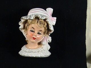 Vintage Inarco Head Vase Lady W/pink Hat And Bow,  Eyes Closed,  8 "