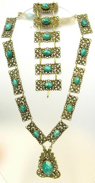 Art Deco Filigree Drop Necklace & Bracelet With Peking Glass Stones