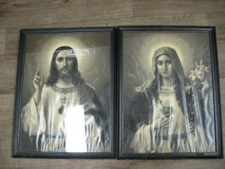 Antique Vintage Sacred Heart Of Jesus & Mary Framed Pictures By Oswald Volkel